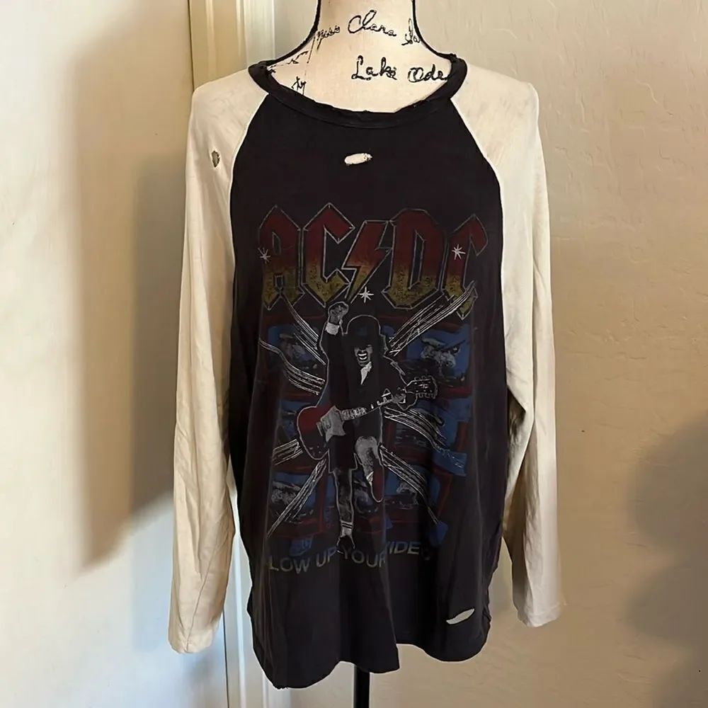 Lucky Brand AC/DC Distressed Ripped Blow Up Your Video Graphic Shirt Music Band
